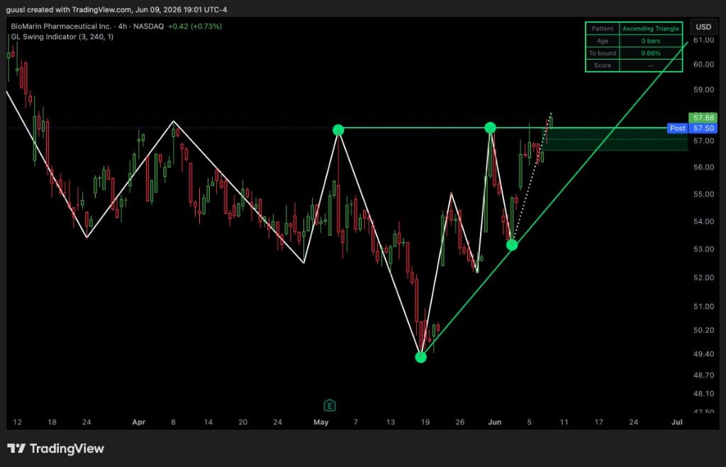 GL Swing Indicator ascending triangle and fair value gaps on BMRN 4H chart